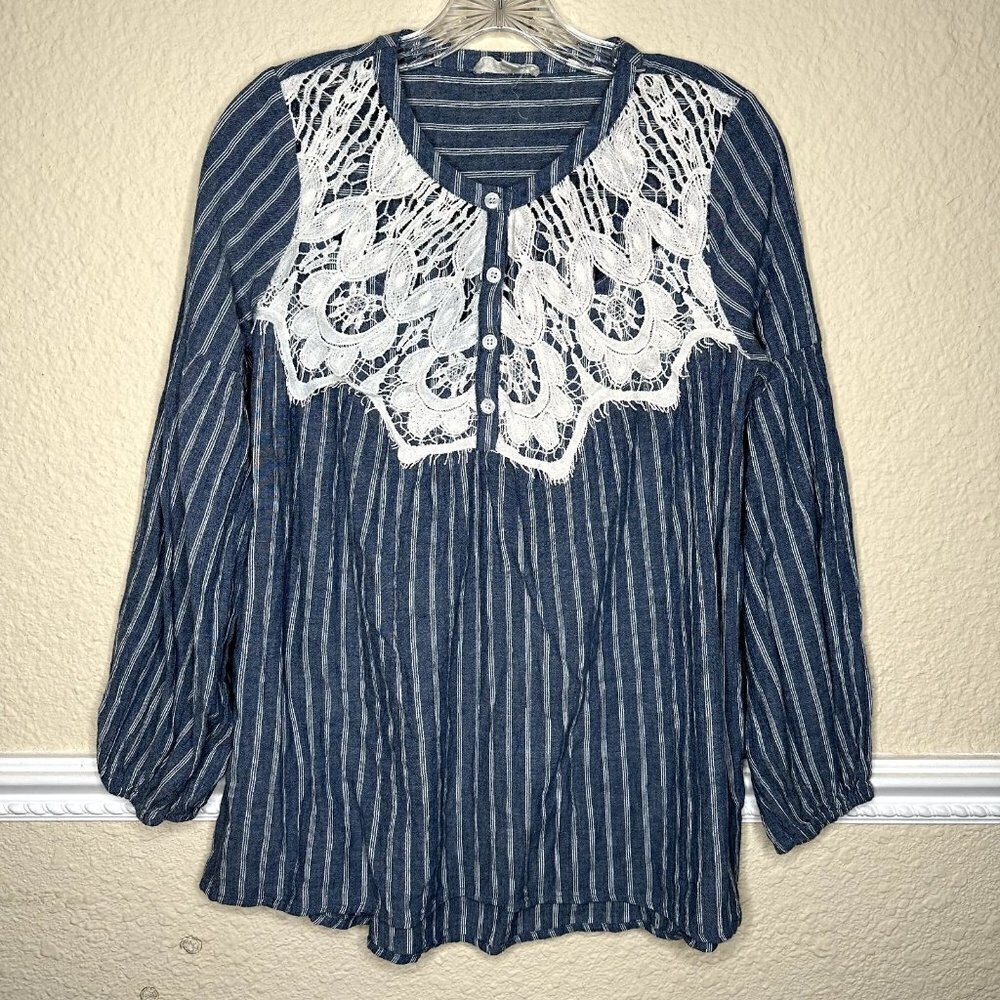 Cotton Bleu Women's Small Boho Style Top Chambury Striped Bubble Sleeve High Low
